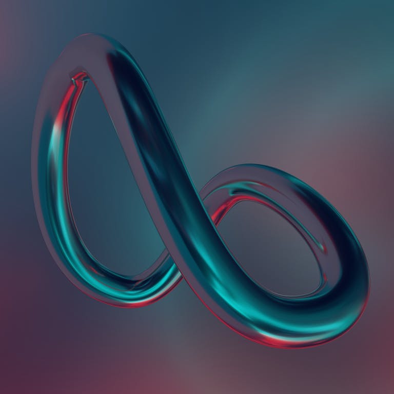 Digital artwork featuring a metallic infinity loop with a smooth, shiny surface.