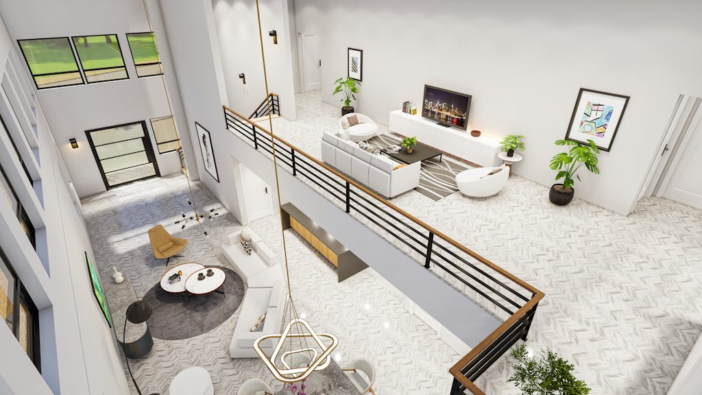 Modern open-concept living room with sleek interior design, blending comfort and style.