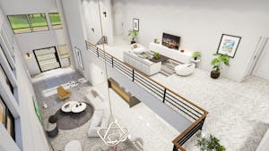 Modern open-concept living room with sleek interior design, blending comfort and style.