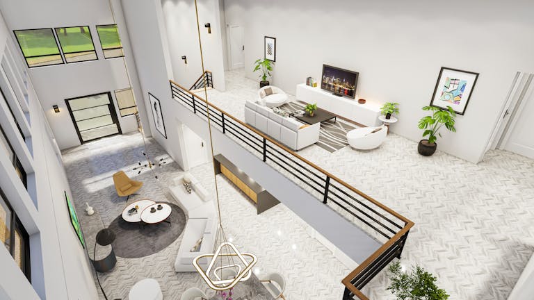 Modern open-concept living room with sleek interior design, blending comfort and style.