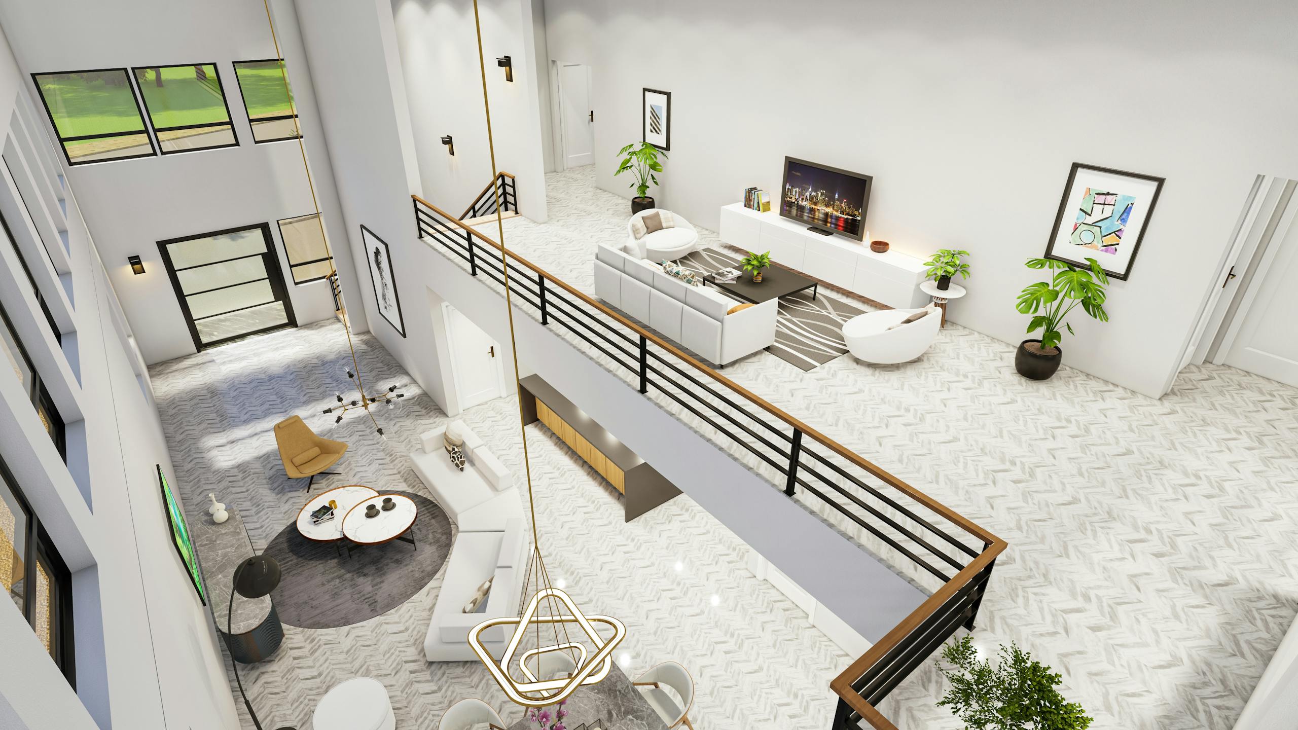 Modern open-concept living room with sleek interior design, blending comfort and style.