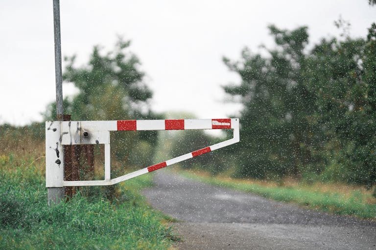 Old white barrier gate on a rural road surrounded by lush greenery, featuring a dynamic summer rain scene.